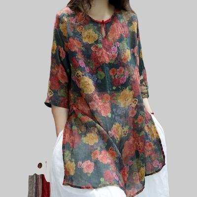 Cotton and Linen Women's Summer Top Women's New Print Lightweight and Loose Casual Versatile Mid Sleeved Shirt Top