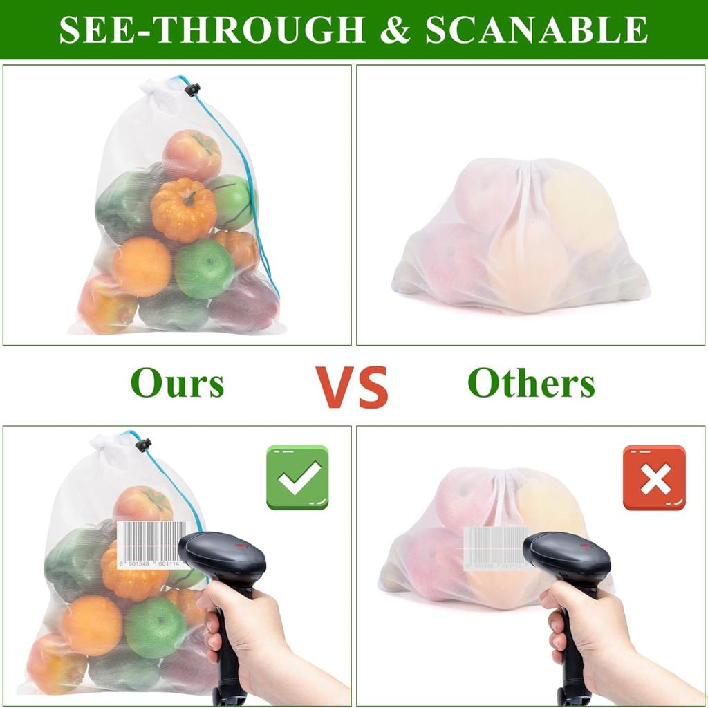 Opakovaně použitelné sáčky ze síťoviny – omyvatelné sáčky – 12 malých červených (8" x 12") Průhledné síťové sáčky pro skladování ovoce, zeleniny, hraček