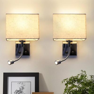 Wall Lamp - NETTLIFE - Set of 2 - White - Metal & Fabric - Swiveling E27 Reading Arm