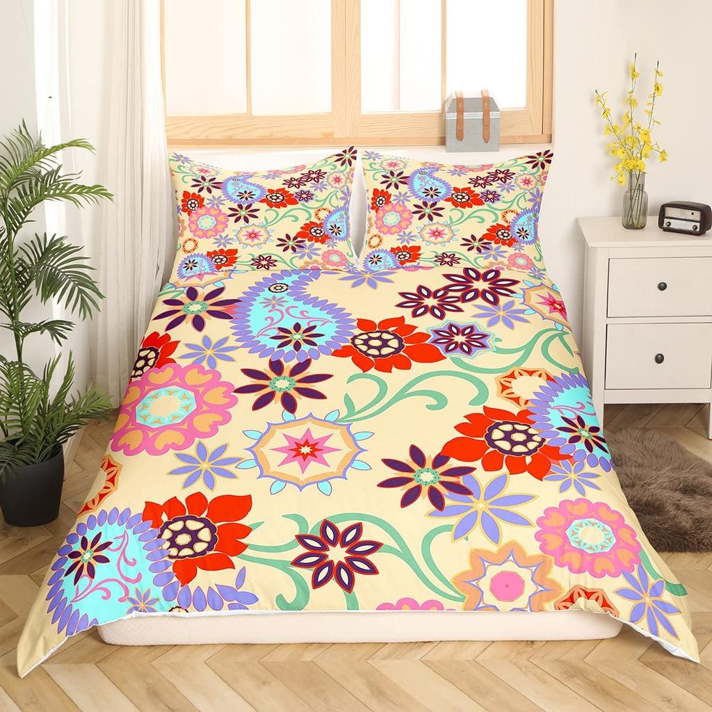 Retro Flowers King Queen Bedding Set Cartoon Vintage Floral Duvet Cover Boho Abstract Quilt Cover Soft Polyester Comforter Cover
