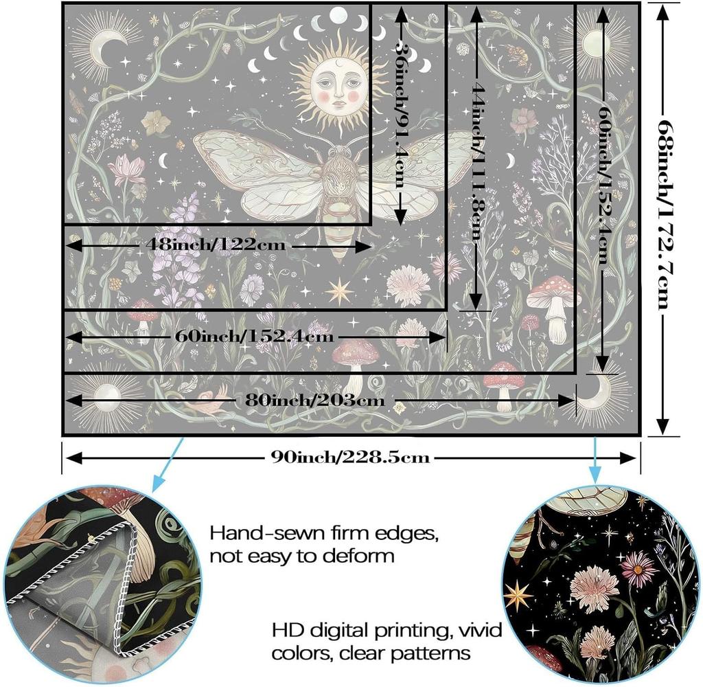 Mystic Celestial Moth Tapestry, Sun Moon Phase Floral Mushroom Print Large Wall Hanging for Bedroom Living Room Aesthetic Decor