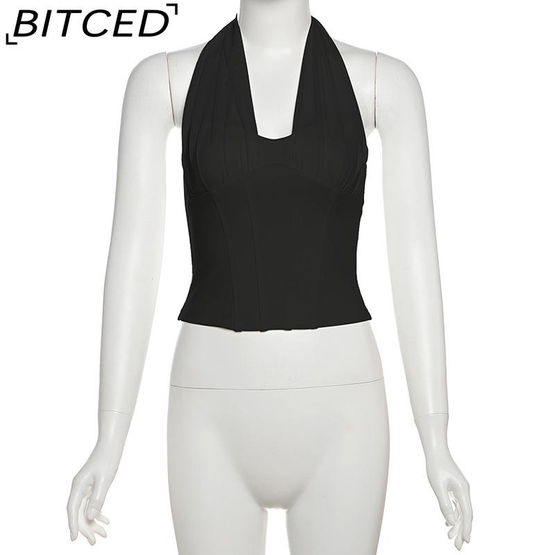BITCED Summer Women's Solid-Colour Sexy Halterneck Fishbone-Style Crop Top