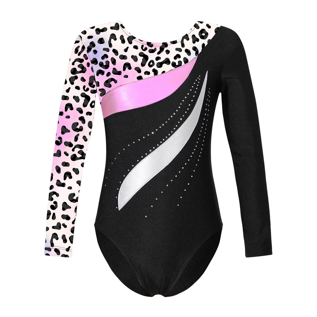Girls Shiny Rhinestone Leotard Long Sleeve Round Neck Bronzing Fabric Pattern Print Performance Bodysuit