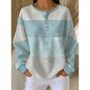Women's Waffle Henley Collar Button-down Long-sleeved Top Blue and White Contrast Striped Waffle Casual Top