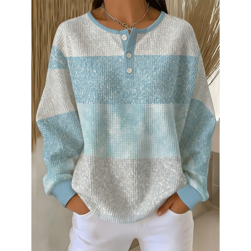 Women's Waffle Henley Collar Button-down Long-sleeved Top Blue and White Contrast Striped Waffle Casual Top