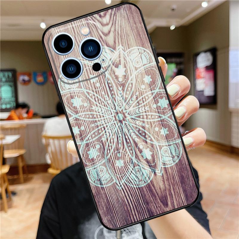 Mandala Wood Floral Phone Case For iPhone 11 12 13 14 16 15 Pro Max Mini XS X XR 7 8 Plus Soft Cover Shell