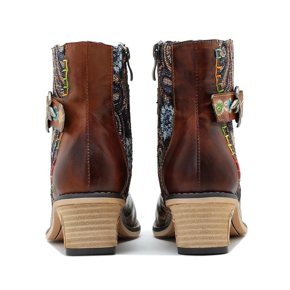 Johnature Handmade Genuine Leather Shoes Printing Contrast Retro Casual Comfort Women's Short Boots