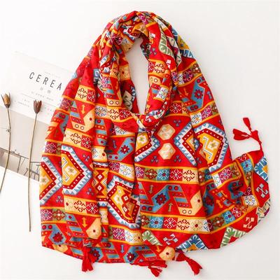 Yitao Böhmisk Röd Vintage Etnisk Resesjal - Silkesliknande Bomull Linne Solskyddsscarf för Kvinnor