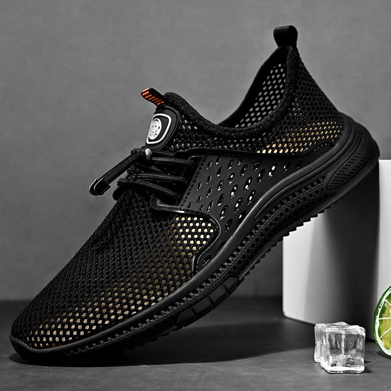 

2025 Summer Men Sneakers High Quality Breathable Hollow Out Men Shoes Light Outdoor Walking Men Casual shoes Comfy Non-Slip Flat 44 чёрный