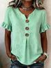 Women Solid Color V Neck Short Sleeve Button Casual T Shirt Top