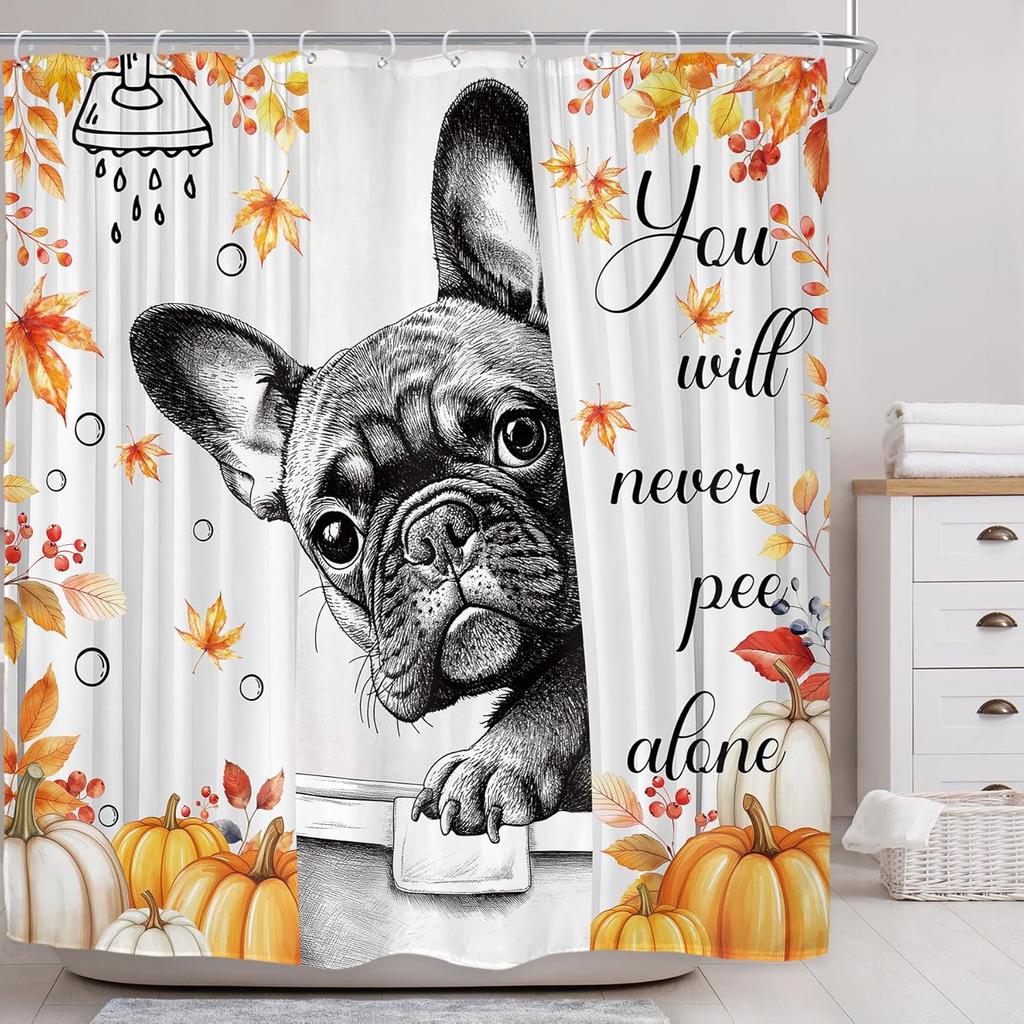 Funny Fall Autumn Dog Shower Curtain For Bathroom Decor 72Wx72H Cute Fun Puppy Bulldog Grey Quotes Pumpkin Leaves Orange Kids