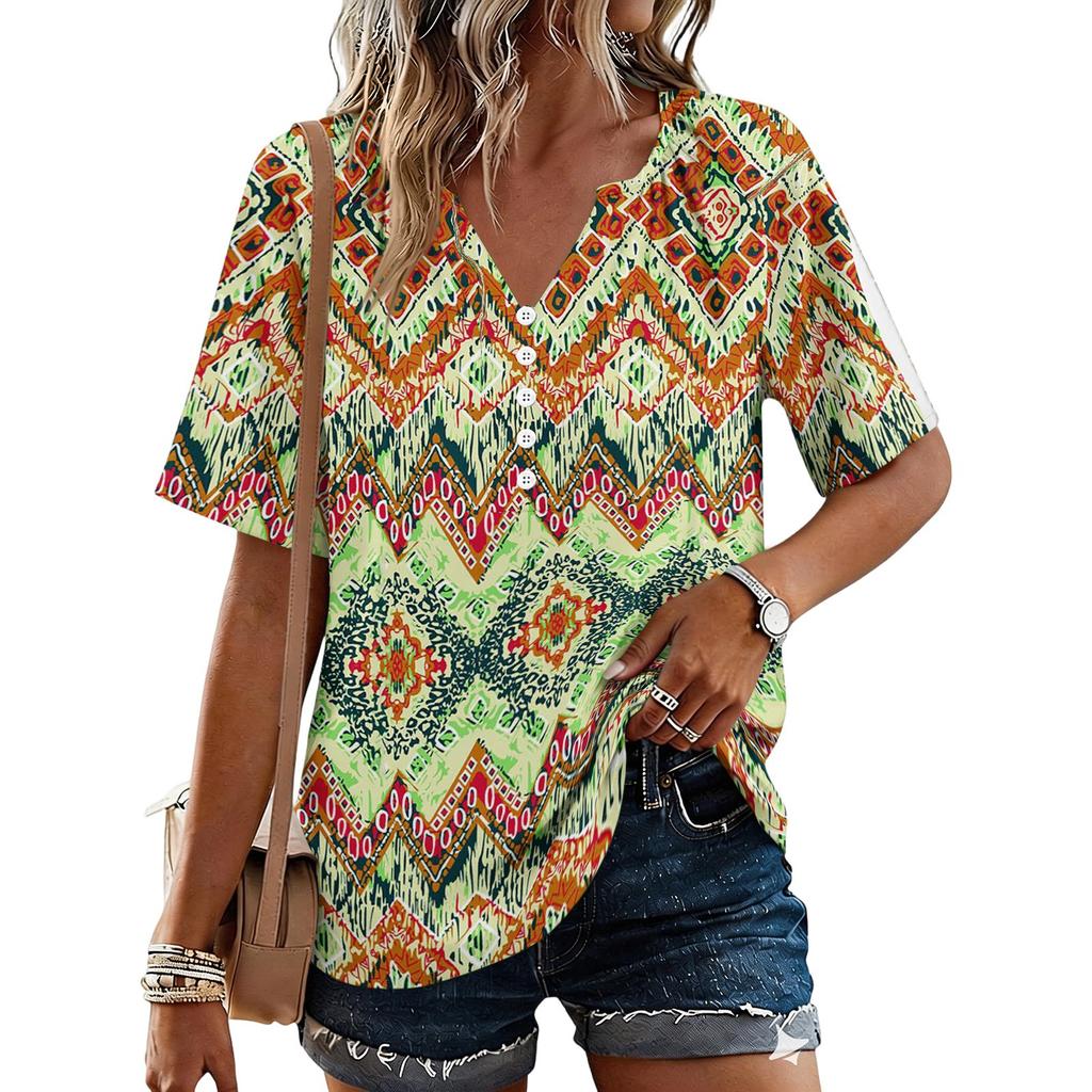 Women's Fashionable Casual Floral Print Button V-neck Short-sleeved Top