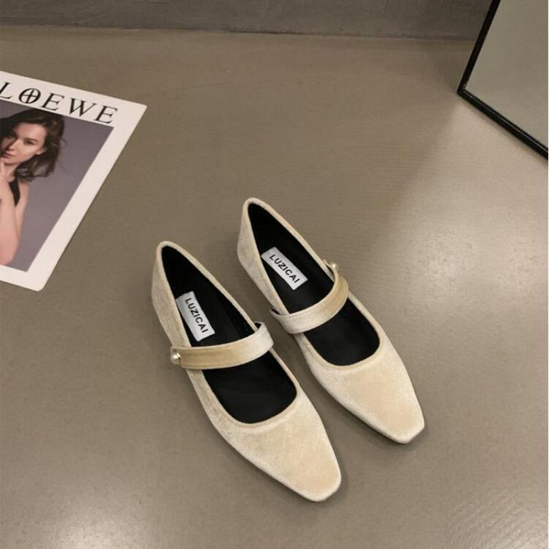NewElegant Pearl Buckle Velour Mary Jane Shoes Woman Concise Velvet Ballet Flats Ladies Evening Party Low Heel Pumps In Wine-Red