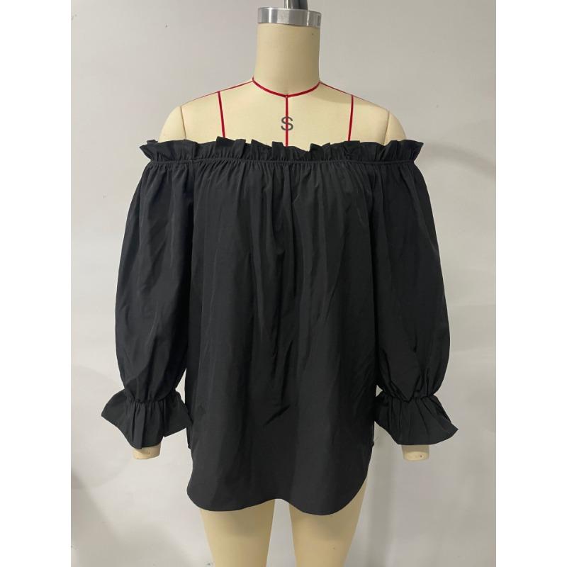 Spring and Autumn Pure Color Pullover Sexy Off-Shoulder Long Sleeves Top One-Shoulder Chiffon Women’s Blouses & Shirts