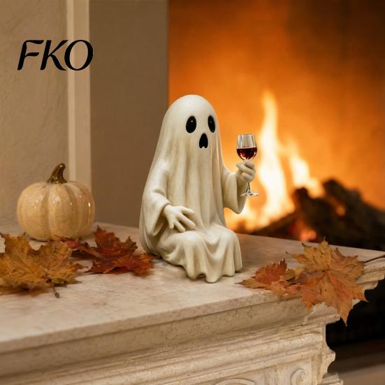 Wine Glass Holding Ghost Figure Halloween Skeleton Figurine, Spooky Drunk Resin Sculpture, Gothic Desk Small Desktop Decoration Decor for