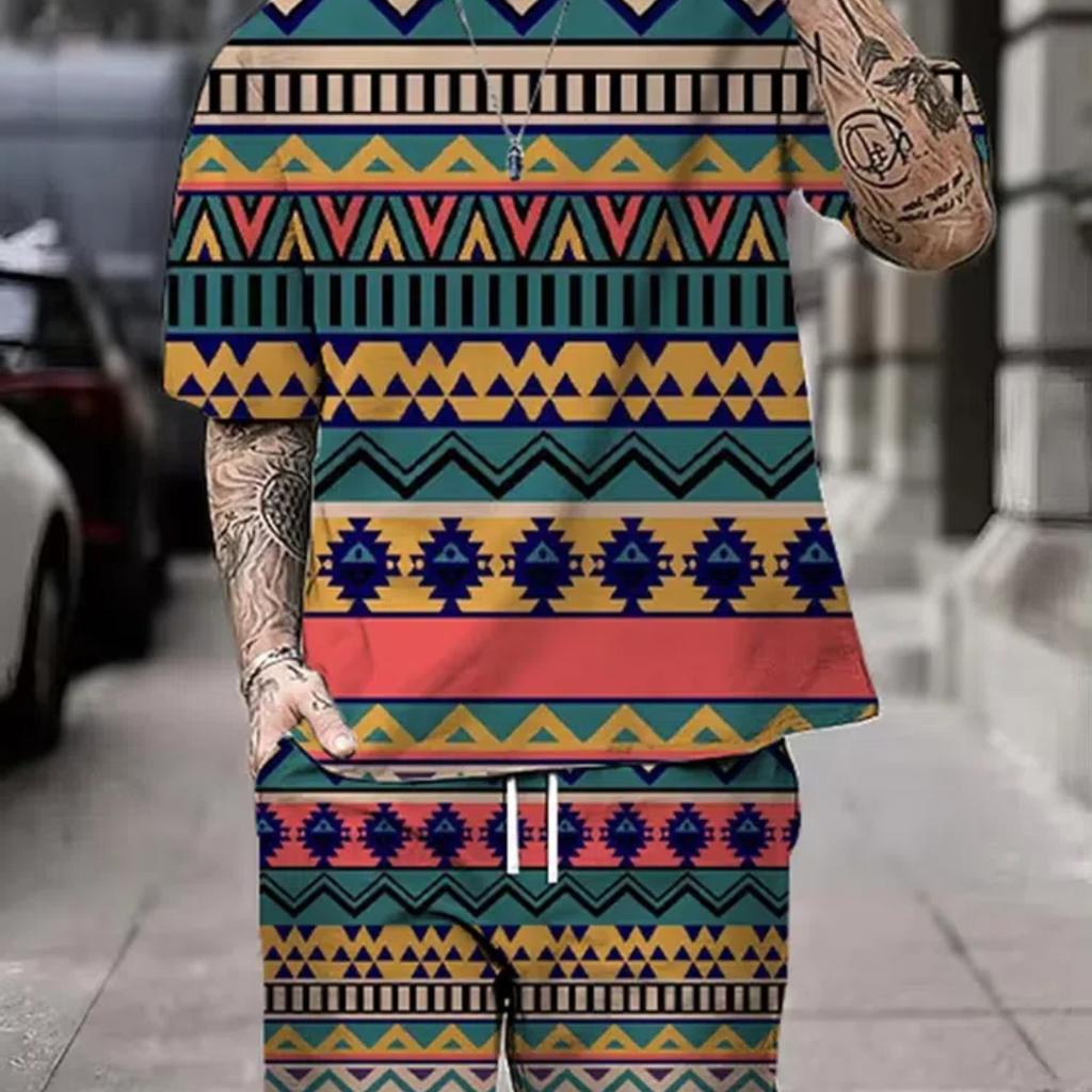 Summer Men's Short Sleeve Shorts Set Street Everyday Casual Men's T-Shirt Outdoor Fashion Loose Shorts Bohemian Print