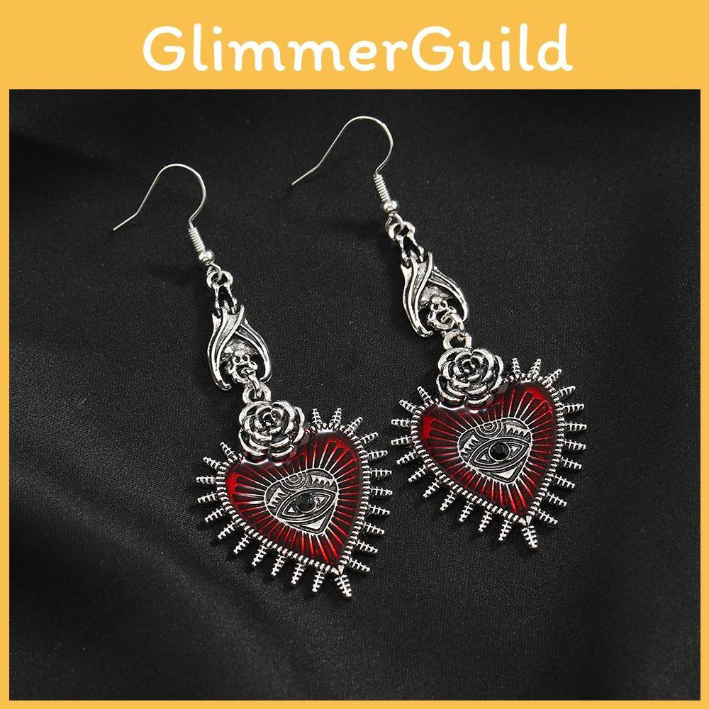 Heart Gothic Retro Earrings With Bloodshot Eye And Bat Motif For Punk Fashion Enthusiasts