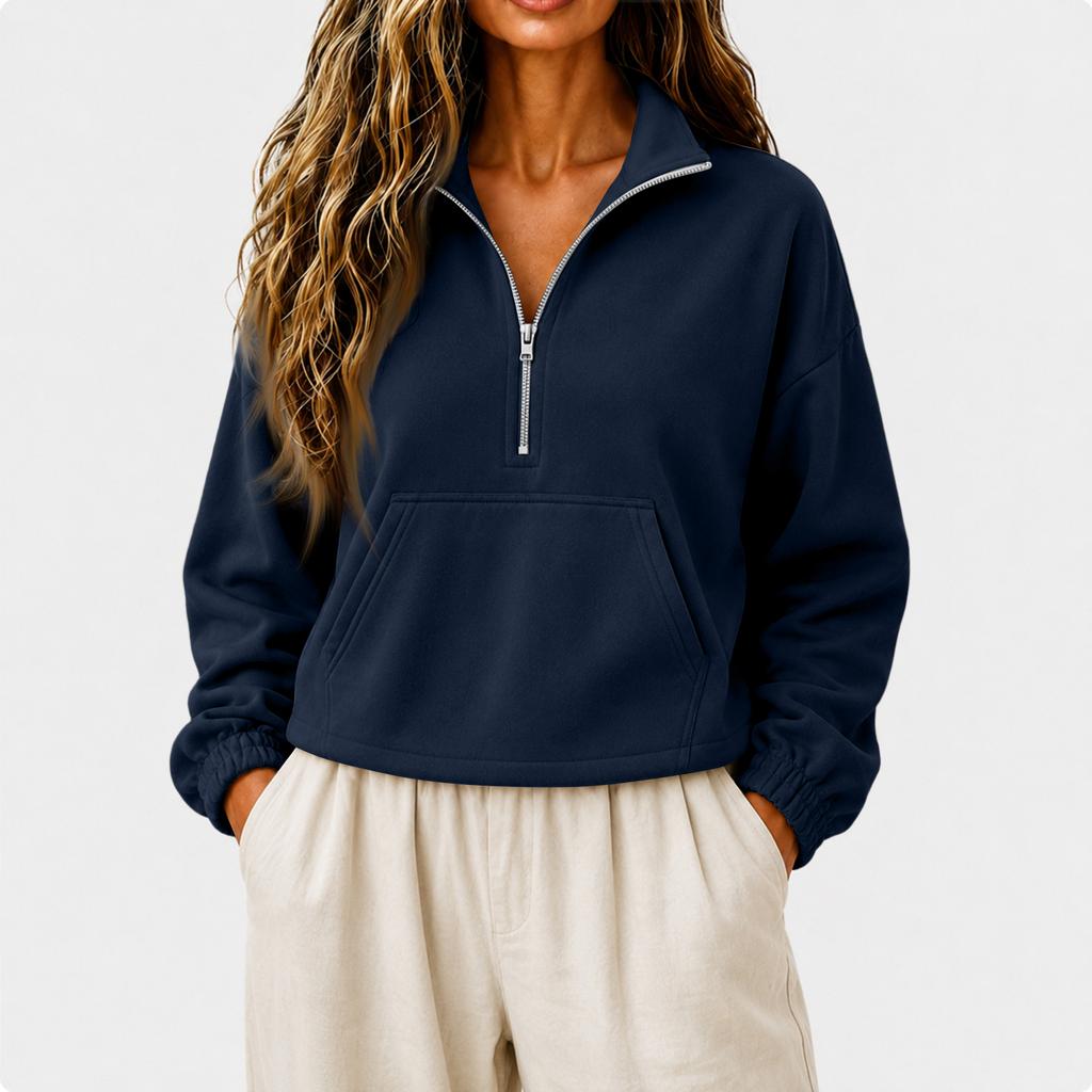 Women's Casual Half Zip Stand Collar Crop Hoodie Loose Long Sleeve with Pocket
