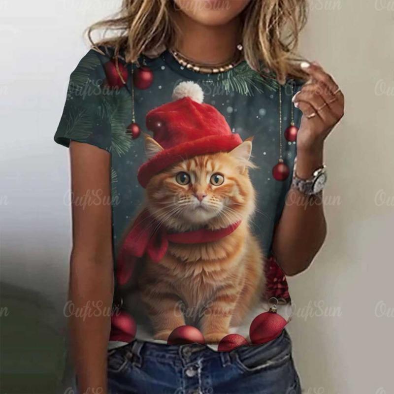 Damen Niedliches Katze Kurzarm T-Shirt Weihnachten Tiere Aufdruck Rundhals T-Shirt 2024 Mode Kleidung Sommer Lässig Oversize
