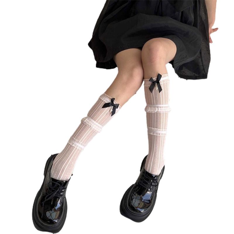 Womens Knee Length Lacy Edge Sock Bows Tie Stocking Bows Tie Long Fishnet Mesh Ballet Style Dance Sock for Summer