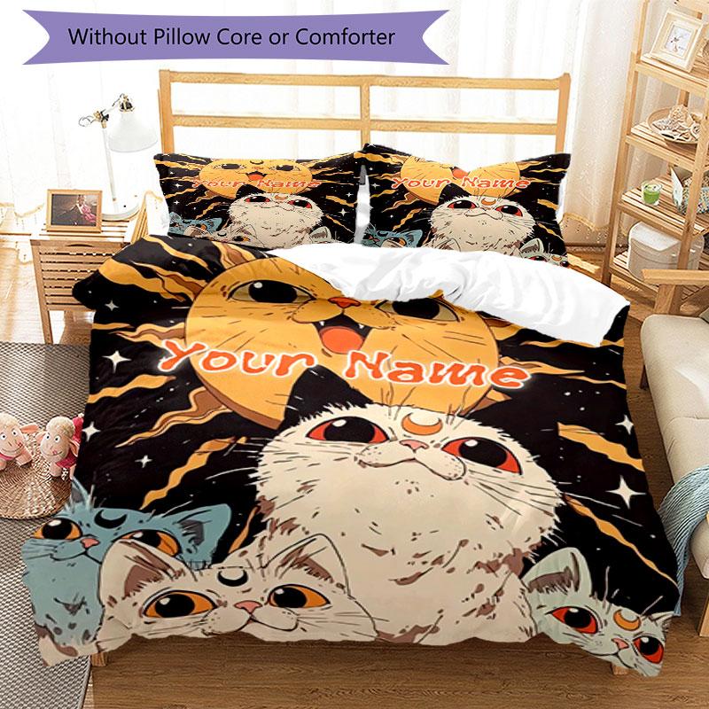 3PC Custom Name Cosmic Cat Dreams Bedding Set Duvet Cover Closure Includes 1 Duvet Cover & 2 Pillowcases for Bedroom