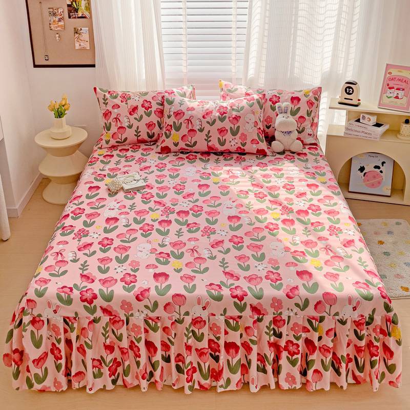All Season Universal Ruffle Edge Single Bed Cover Printed Cotton Bed Skirt Three Piece Set Soft Comfortable Bedding Bedspread