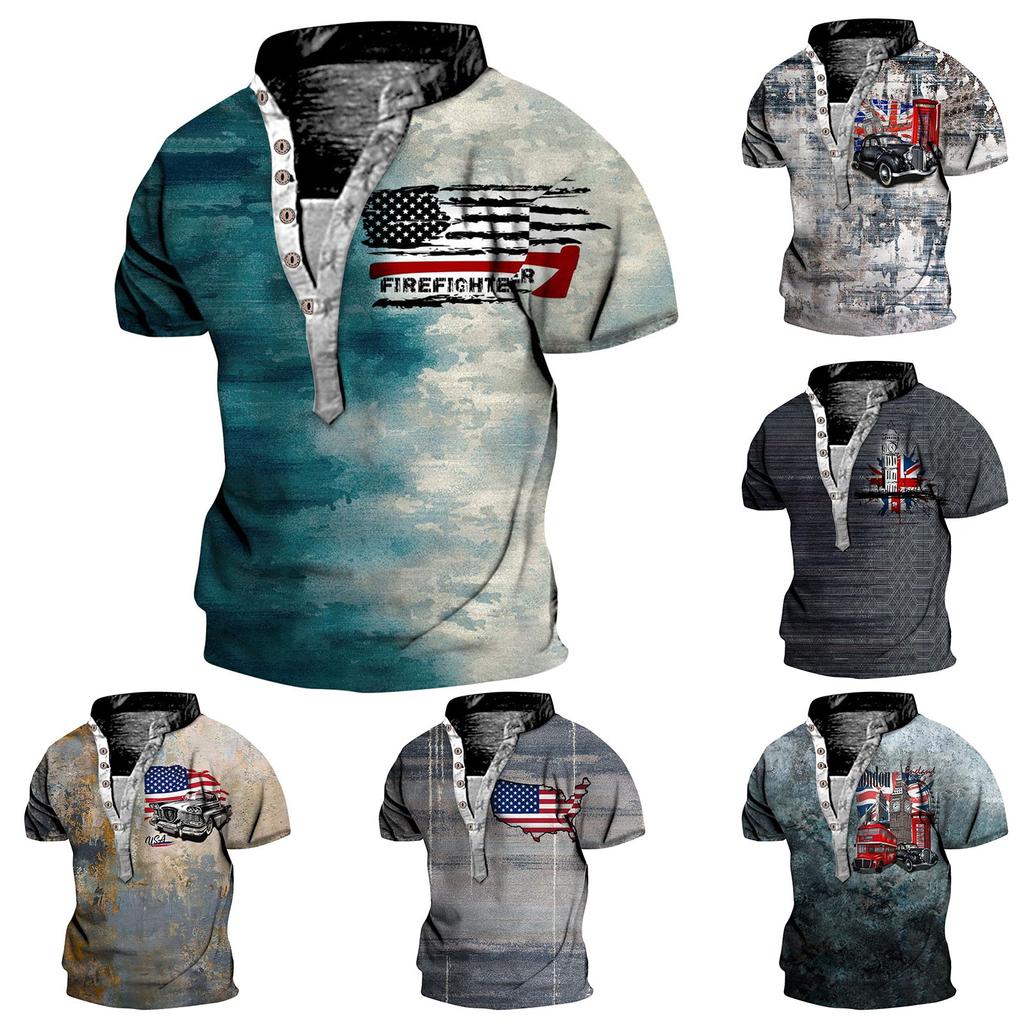 Men's Vintage Outdoor Hiking Short Sleeve Printed T-Shirt Breathable Button V Neck Short Sleeve Top