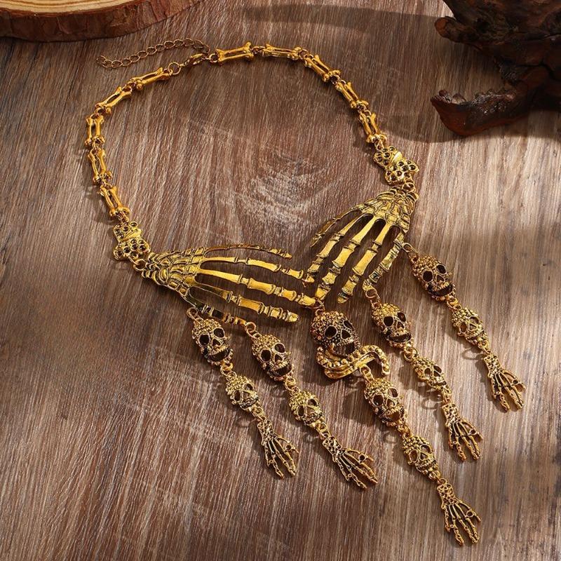 Ensemble de Bijoux d'Halloween Collier Punk Gothique Alliage Main Squelette Chaîne à Franges Vintage Accessoires Boho pour Femmes Hommes Fête Cosplay