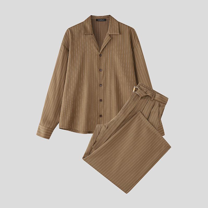 

INCERUN Two Piece Suit Men Lapel Neck Striped Long Sleeve Shirts Trousers Casual Loose Sets XL хаки