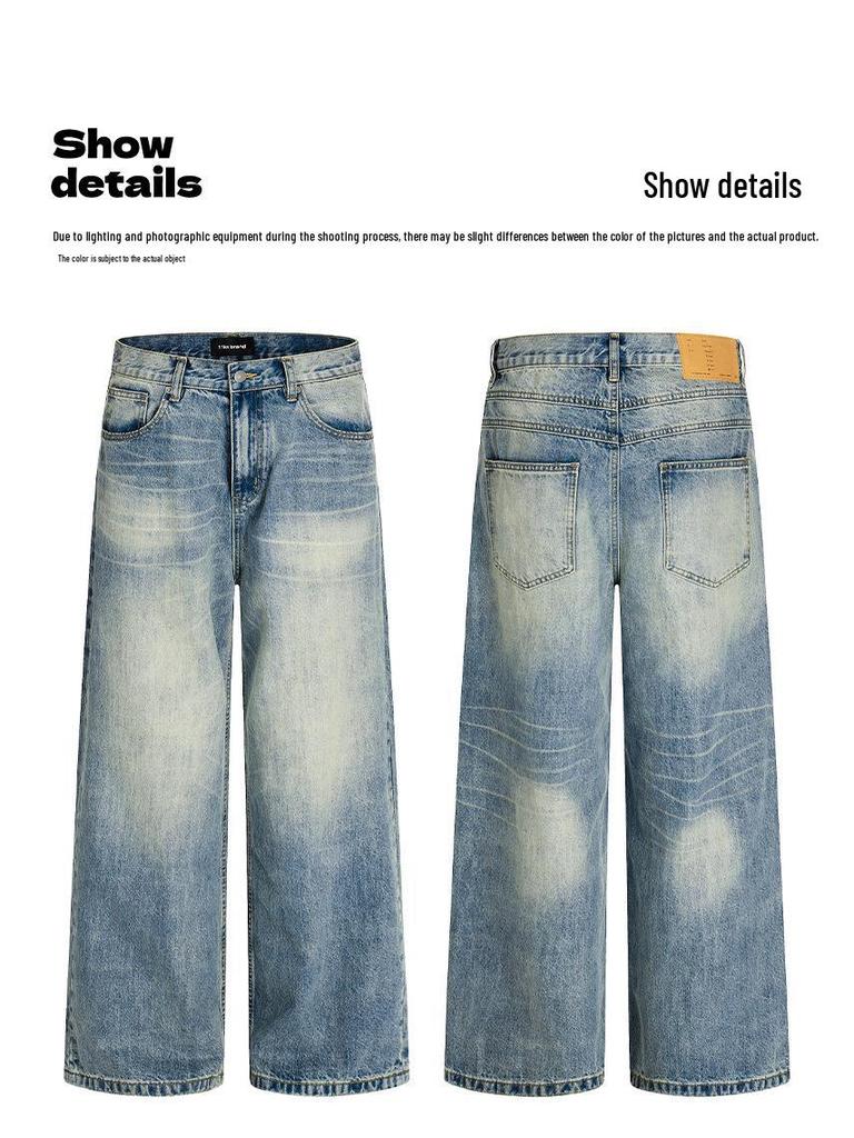 Yongfang Unisex Retro Blue Jeans: Casual Washed, Whiskered, Trendy Straight-Leg, Loose-Fit Pants