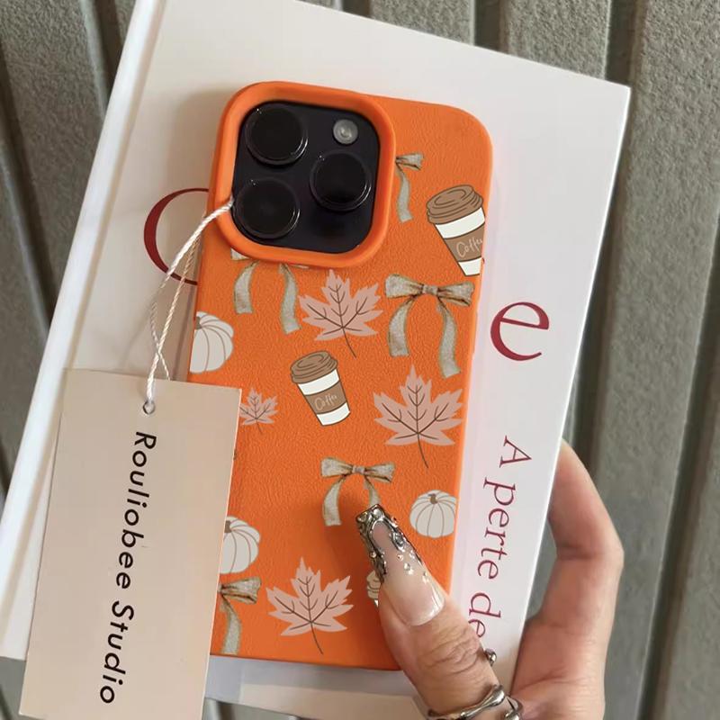 Maple Leaf Coffee Pattern Soft Phone Case For iPhone 17 16 Pro Max 15 Plus 14 13 12 11 17Air XS Max XR X Faux Leather Cover