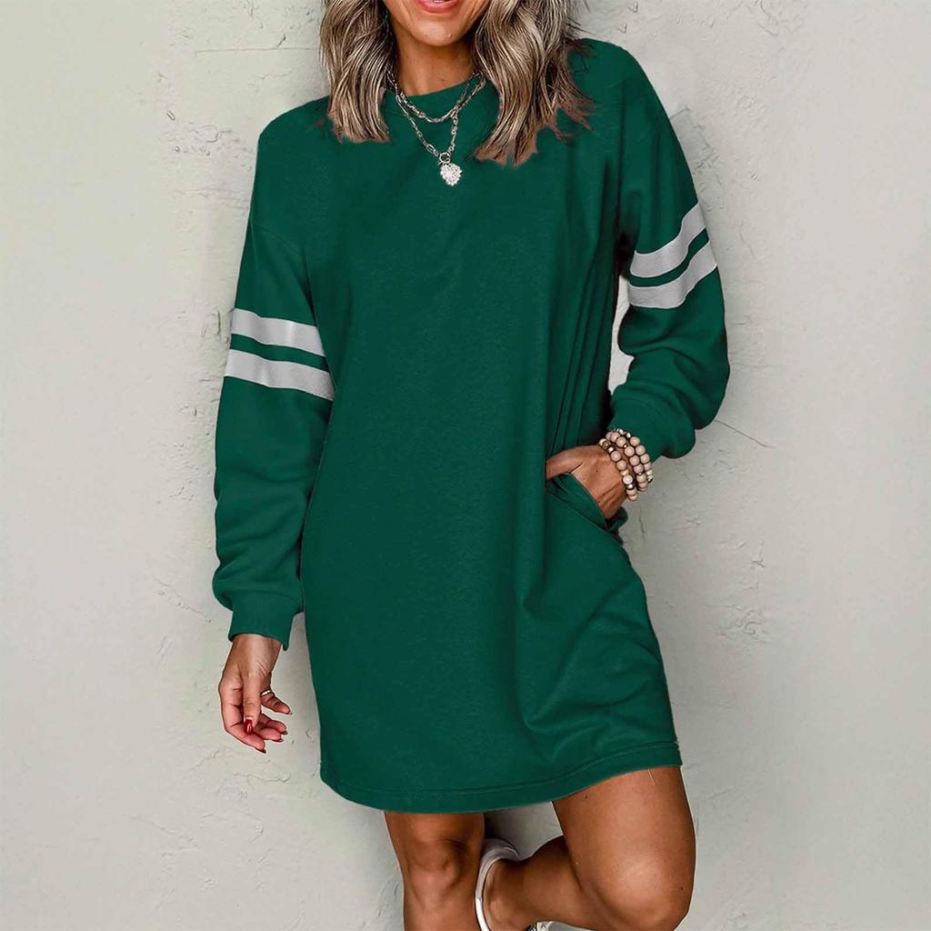 Women's Fashion Striped Sports Hoodie Dress Long Sleeve Round Neck Sports Hoodie Dress With Pocket