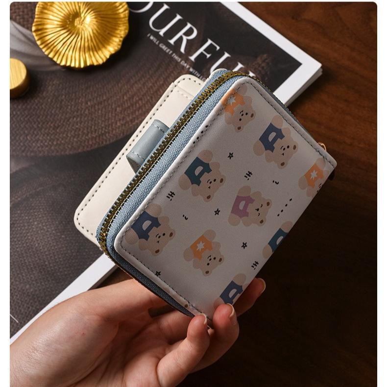 Cute Bear Print Women Wallet Short Zipper Coin Purse PU Leather Bifold Wallet Card Holder Small Clutch Wallet for Girls