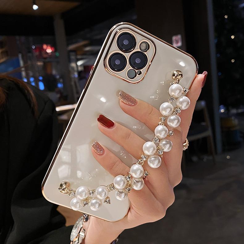 Potrivit pentru Ins Apple 16 Carcasă de telefon din silicon 14 Full Cover Iphone 15promax Brățară cu perle creative