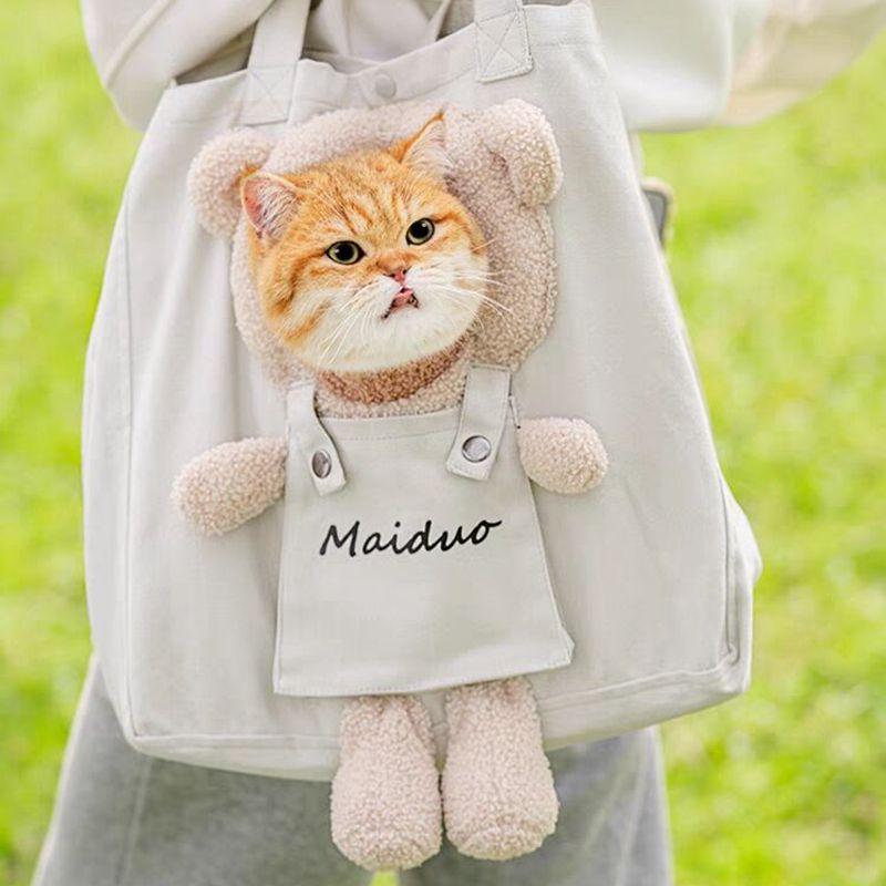 Pet Cat Canvas Handbag Portable Cat Dog Cute Fun Carrier Bags Soft Pet Carriers Outgoing Travel Pets Handbag with Safety buckle