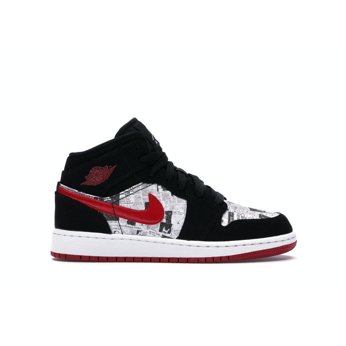 

Детские кроссовки Air Jordan 1 Mid SE GS Newspaper Air Times Black Gym-Red White BQ6931-061