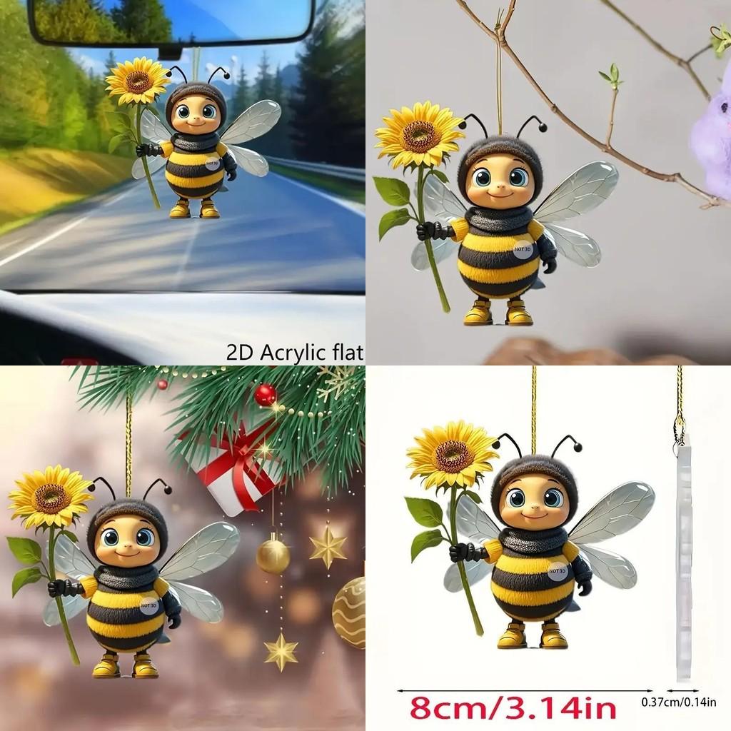 Flat Surface Acrylic Pendant With Cartoon Bee Holding Sunflower Design Decor For