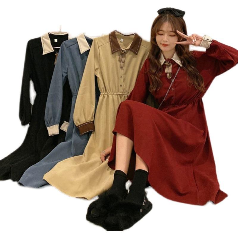 Vestido vintage francés adorables de manga larga con cintura recogida y vuelo grande para mujer