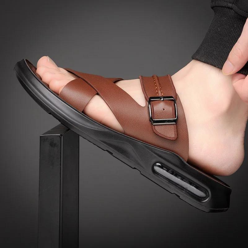 Genuine Leather Summer Shoes Men Sandals Flat Non-slip Soft Leather Mens Beach Sandals Holiday Shoes Black Brown A4613