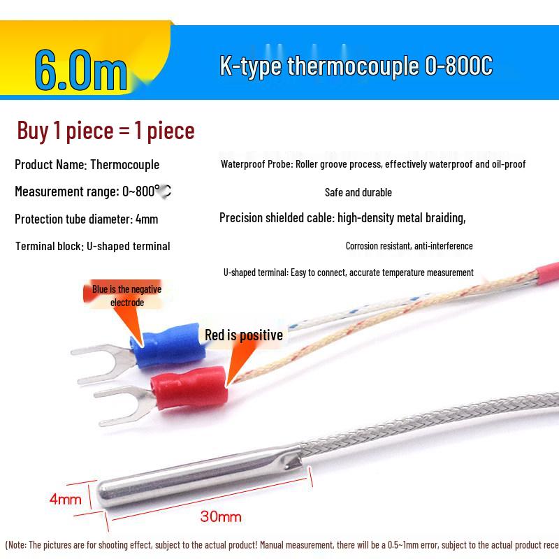Stainless Steel K-Type Thermocouple Surface Probe, 4x30mm, High-Temperature Resistant Sensor for Temperature Measurement and Control