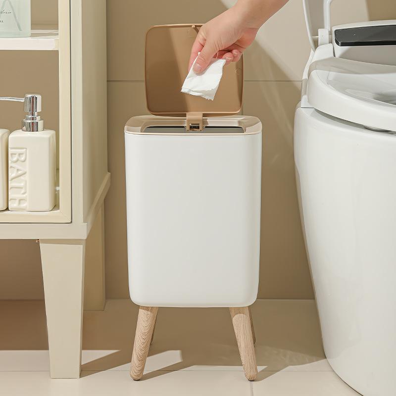 10L White Wooden Garbage Bin with Lid, Tall Legged Pedal Trash Can for Living Room Bathroom Office, Modern Kitchen Waste Bin
