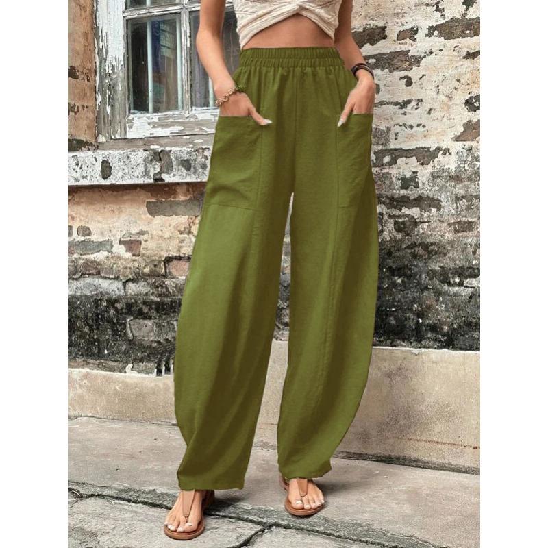 Popular Women's Solid Color Pocket Casual Elastic Pants