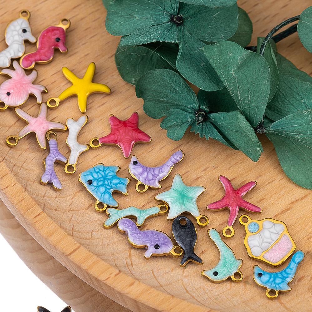 10pcs Stainless Steel Enamel Octopus Seahorse Dolphin Crab Clown fish Charm Bracelet Earring Pendant Base for DIY Jewelry Making