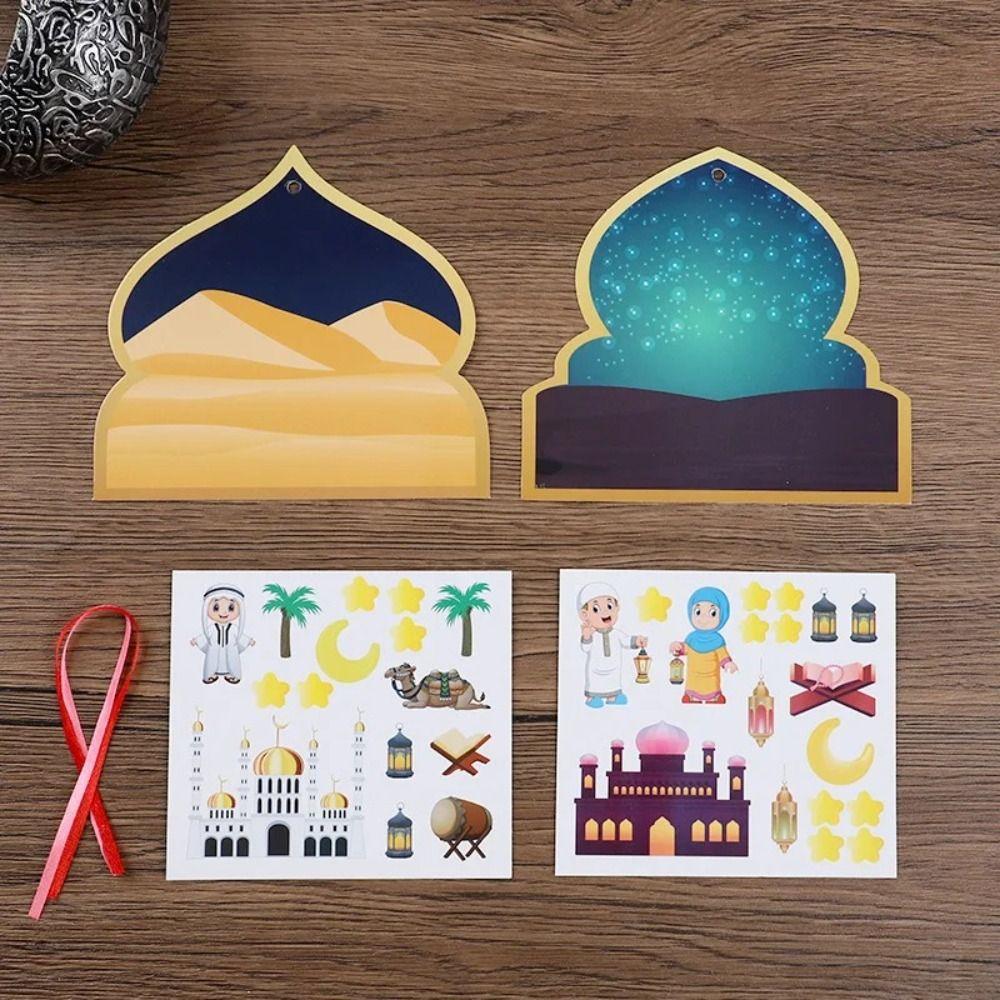 36Pcs/Set Craft Paper Eid Mubarak Craft Kits DIY Craft With Ribbon Hanging Ornament Colorful Ramadan DIY Scene Sticker