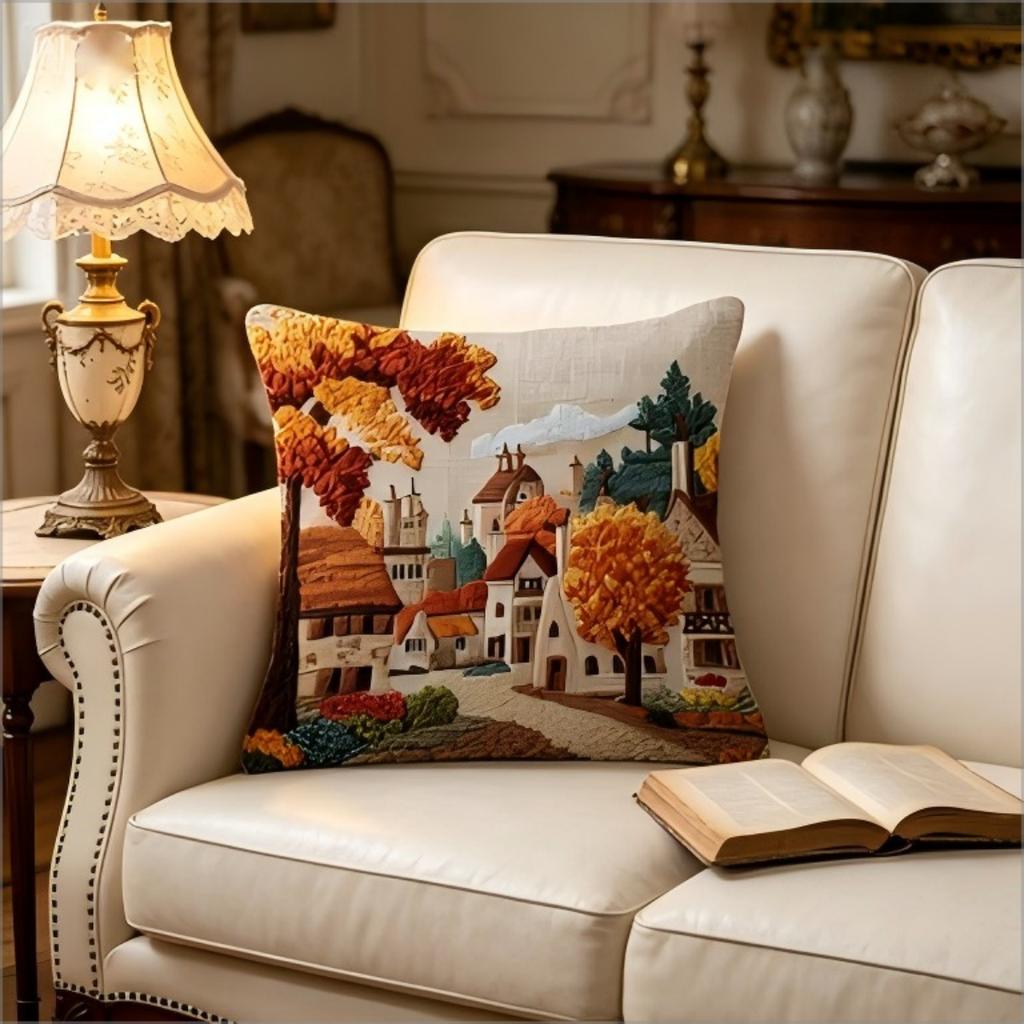 Autumn Village Print Throw Pillow Cover, Faux Embroidery Style Landscape Decorative Cushion Case For Sofa Bedroom