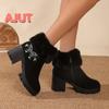 Fashion Winter New Furry Short Boots 2024 Fashionable and Warm Women's High Heel Boots Casual Versatile Chunky Heels Botas De Mujer