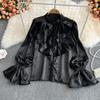 Flare Long Sleeve Standing Collar Ruffled Blouse Women Vintage White Acetate Satin Shirt French Style Loose Lady Tops 29939