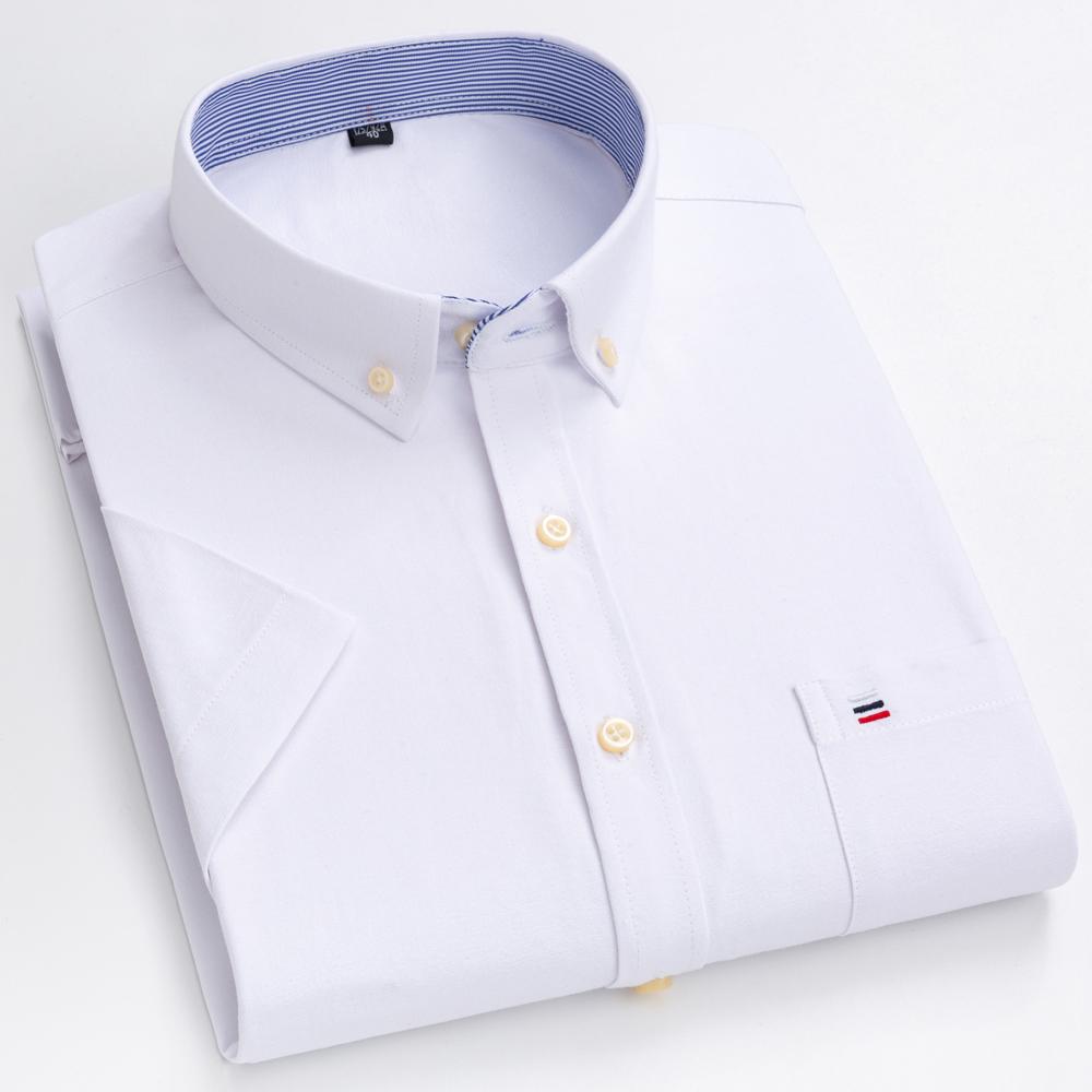 Męska koszula Oxford 100% bawełna, jednolita, z krótkim rękawem, zapinana na guziki, biznesowa casual z kieszenią na piersi