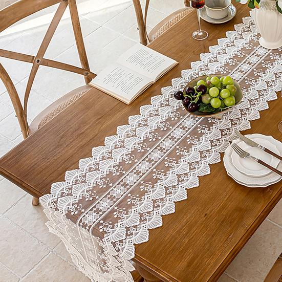 Table Runner Decorative Tulle Tablecloth with Tassel Banner Handcrafted Elegant Lace Strip Cloth for Dining Table Coffee Table TV Cabinet