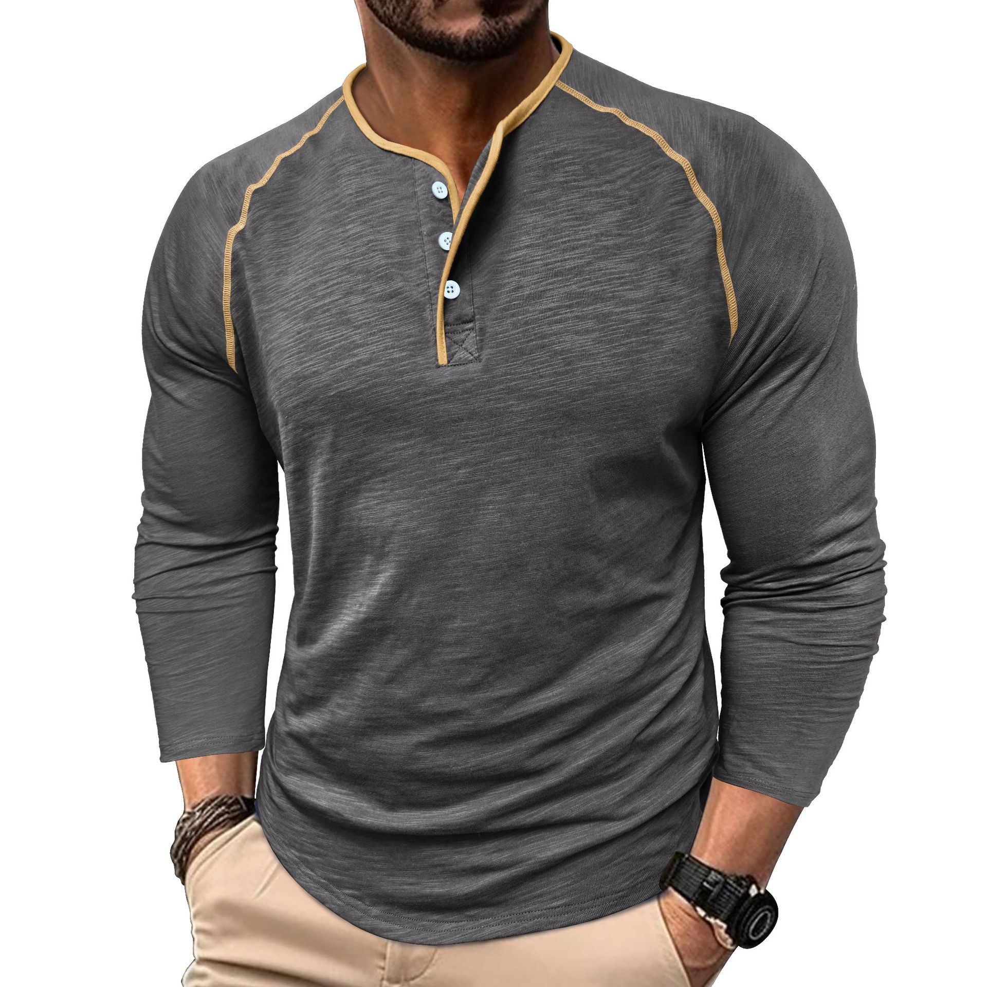 

Men s long-sleeved crew-neck T-shirt, men s base layer, men s T-shirt, henley-neck top XXXL